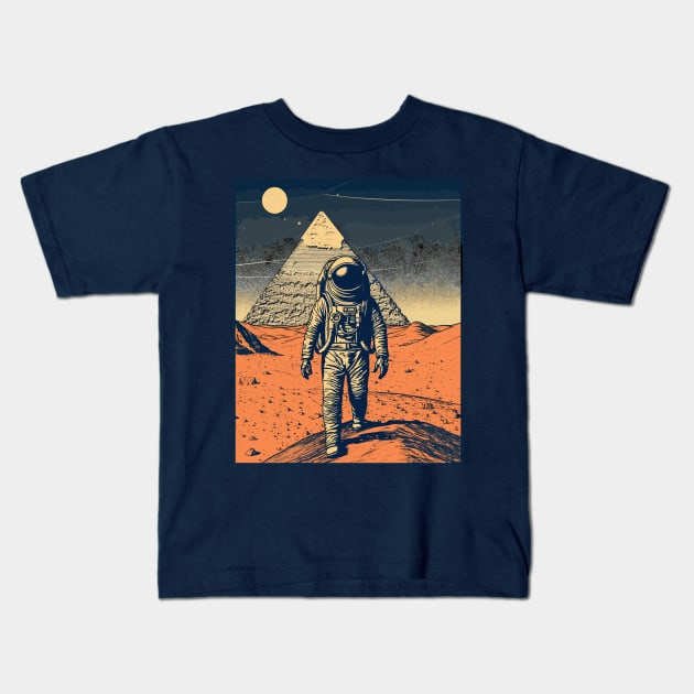 Vintage Retro Astronaut in Alien World Space Pyramid Illustration Kids T-Shirt by Soulphur Media